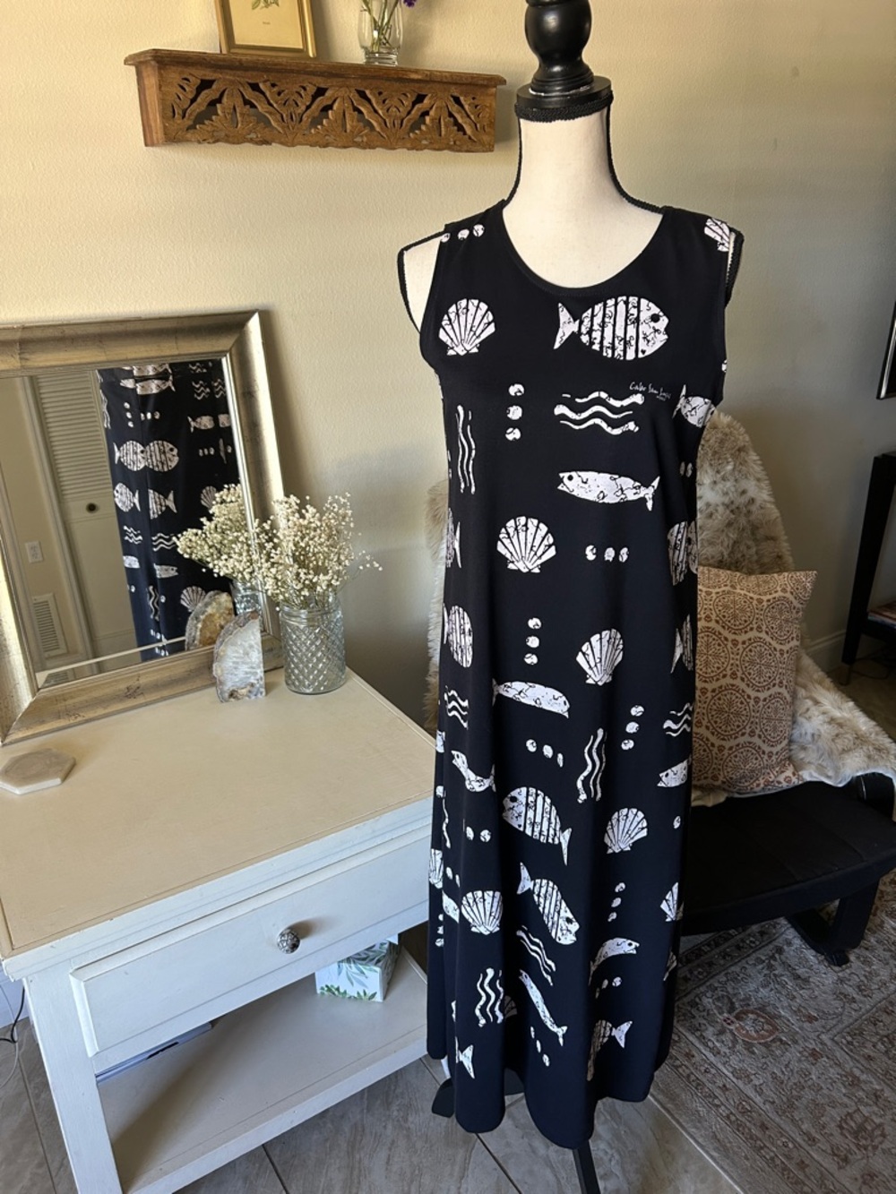 Vtg Black Sleeveless Maxi Dress off White Seashell & Fish Print S M